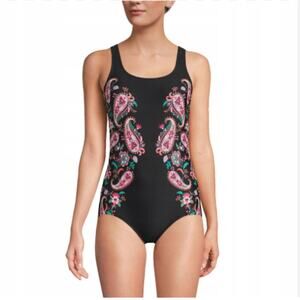 Lands' End One Piece Swimsuit Size 18 Black Pink Paisley Tummy Control Stretch